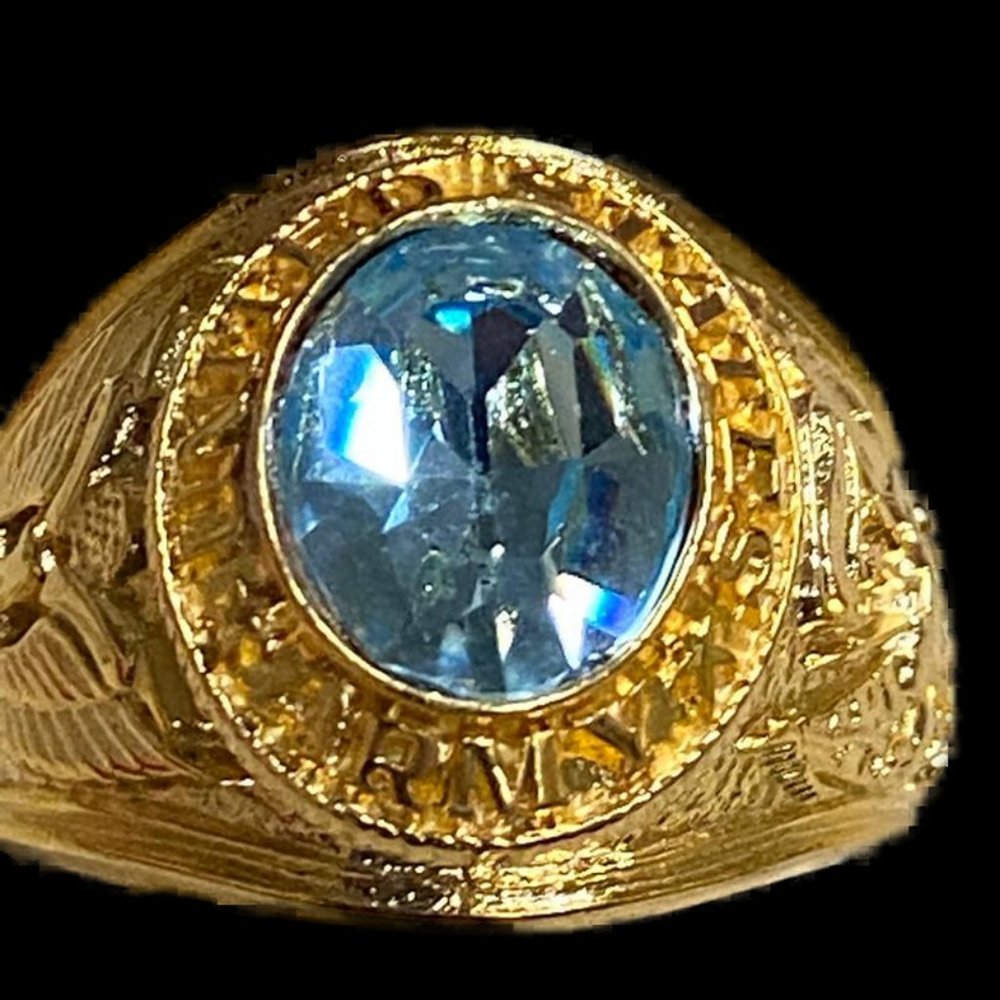 Army Ring with blue stone set in Heavy 18 Karat Gold plate, Military insignia